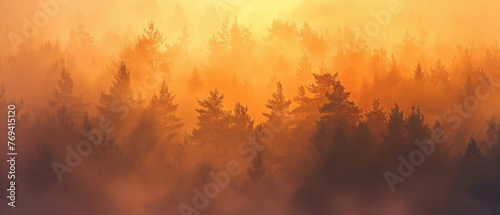 A foggy forest scene at dawn  with the colors of the sunrise casting a splendid gradient of oranges and yellows through the mist  captured in high-definition to showcase its mesmerizing vibrancy.