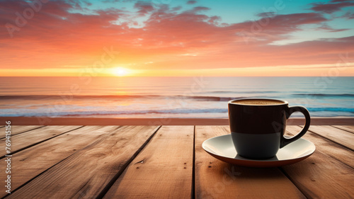 Coffee cup on wood table at sunset or sunrise beach coffee