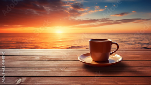 Coffee cup on wood table at sunset or sunrise beach morning