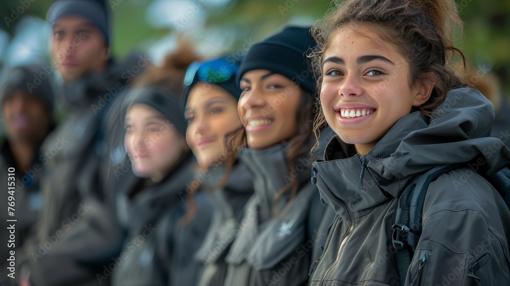 A group of people wearing black jackets and hats are smiling for the camera A group of people wearing black jackets and hats are smiling for the camera