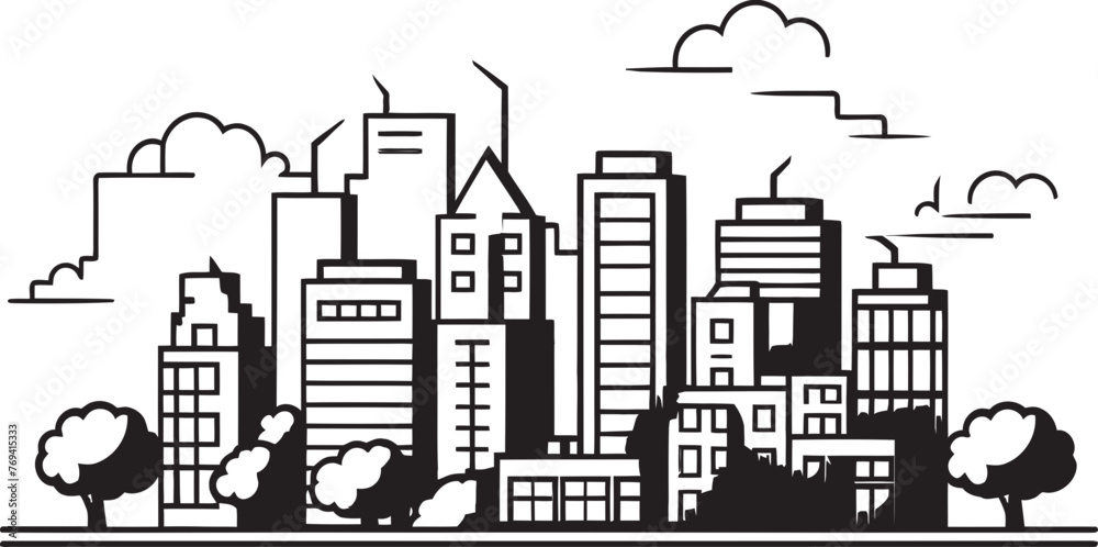 Metropolitan Horizon Outline Style View with Black Icon Downtown Cityscape Black Vector Logo in Outline