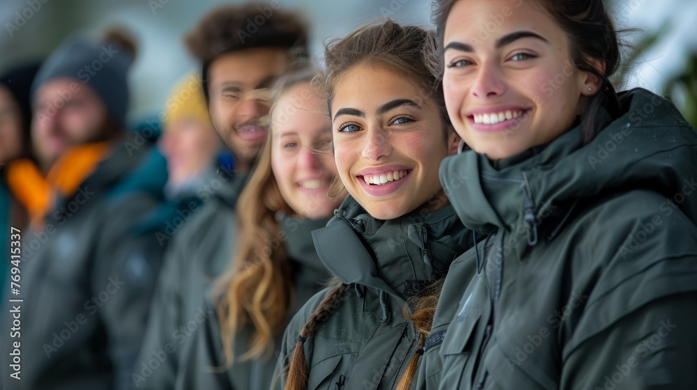 A group of people wearing black jackets and hats are smiling for the camera A group of people wearing black jackets and hats are smiling for the camera