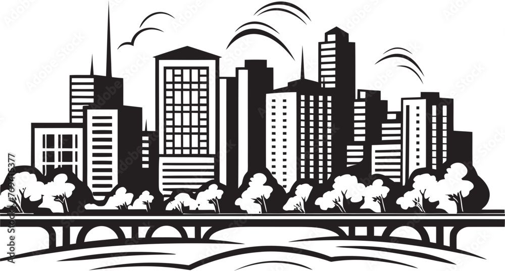 Obraz premium Downtown Skyline Sketch Black Logo Design Icon Urban Landscape View Black Vector Emblem