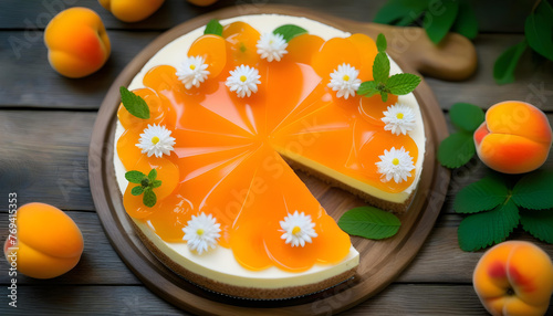  cheesecake with apricot jelly and fresh apricot on a wooden table photo