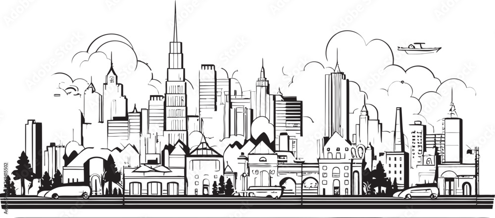 Obraz premium Urban Cityscape Profile Black Logo Design Icon Cityscape Horizon Sketch Black Vector Emblem