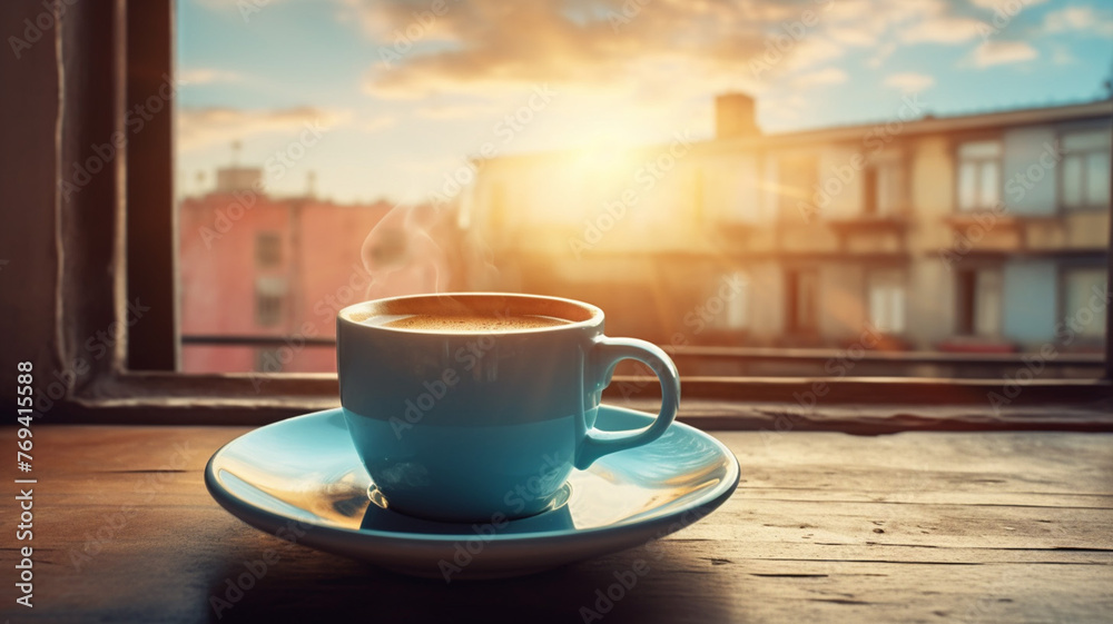 Obraz premium Good morning Cup on the window with sun morning sun