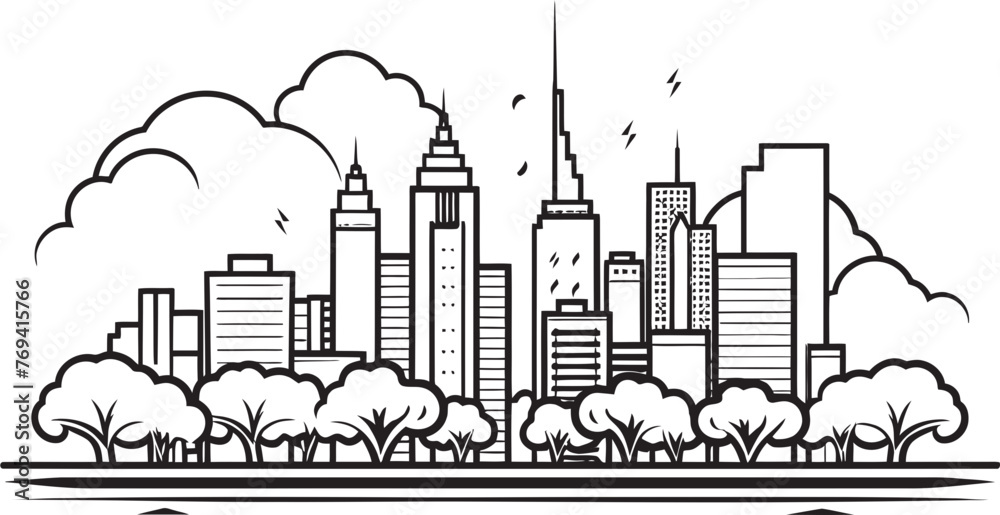 Cityscape Outline Black Vector Logo Design Icon Urban Horizon Sketch Outline Style with Black Emblem