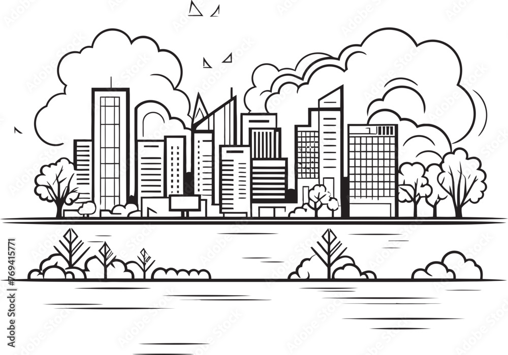 Obraz premium Downtown Landscape Sketch Black Logo Design Icon Cityscape Outline Black Vector Logo Design Icon