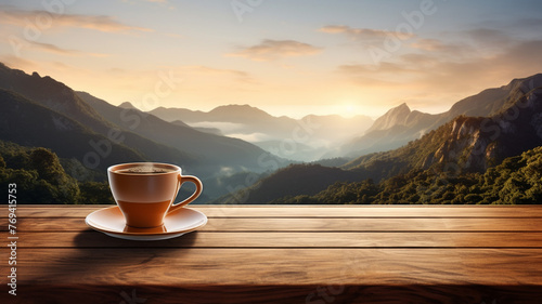 Morning cup of coffee with mountain background coffee mountain