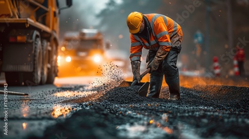 A road worker shovels and levels the asphalt of the road to be repaired while wearing an orange safety suit photo