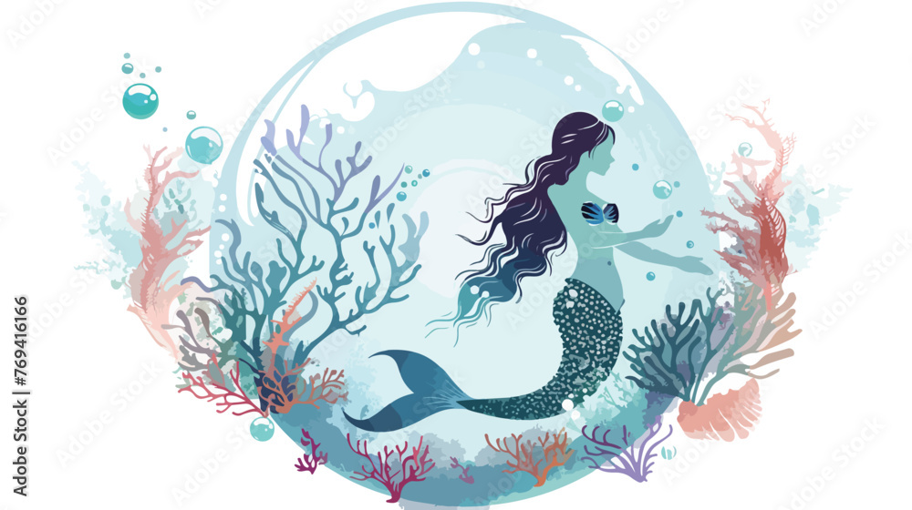 Mermaid and Corals in Bubble Flat vector