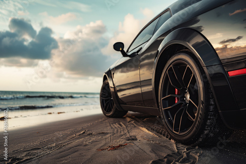 close up tire sport car on the summer beach. Generative Ai