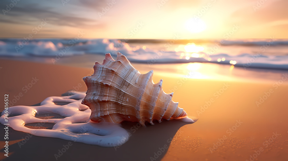 Conch shells on the seaside at sunrise Conch shells on the seaside at sunrise