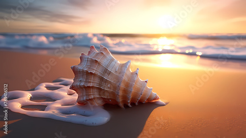 Conch shells on the seaside at sunrise