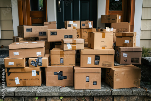 A multitude of cardboard boxes piled up at a home's entrance, signaling the start of a new chapter or the joy of online shopping