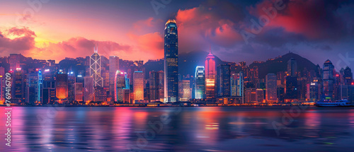 A city skyline at dusk, with the lights of the buildings casting a splendid gradient of colors against the darkening sky, all captured in high-definition to showcase its mesmerizing vibrancy.