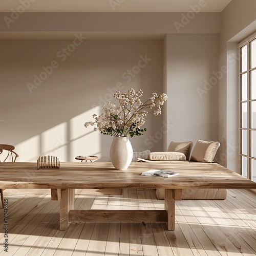 Modern Living Room with Wooden Floor and White Vase Generative AI
