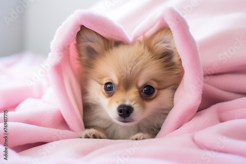 Cuddly Moment with a Pomeranian Pup Wrapped in a Plush Pink Blanket, Innocent Gaze of a Fluffy Pet, Comfort and Adorableness in a Home Setting