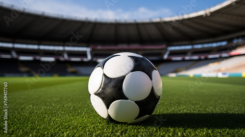 Soccer Ball Centered on a Lush Green Pitch, Stadium Lights Shining for the Upcoming Match, Anticipation of a Competitive Sports Event © AspctStyle
