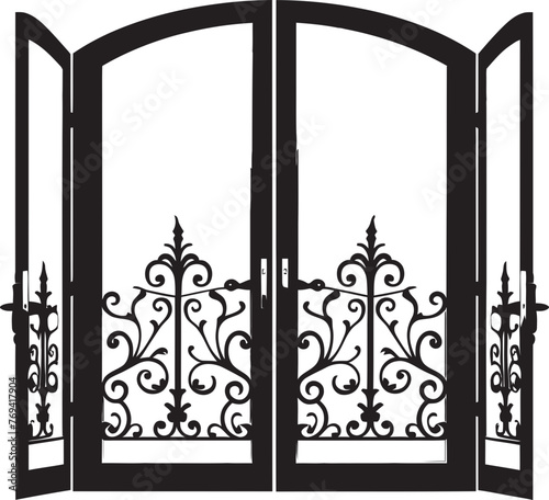 Timeless Garden Haven Wrought Iron Bi Fold Door, Black Emblem Design Antique Garden Sanctuary Wrought Iron Bi Fold Door, Black Vector Logo