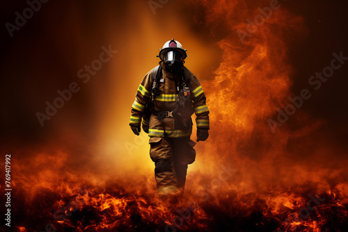 Brave Firefighter Walking Towards Inferno, Heroic Emergency Personnel in Action, Intense Flames Engulfing Background, Fire and Rescue Operation © AspctStyle