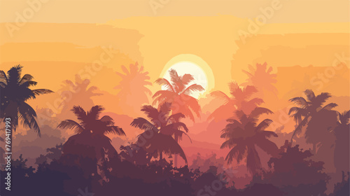 Palms in the morning. Sunrise over a palm grove. Palm