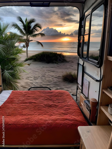 Cozy camper van by the tropical beach © Filip