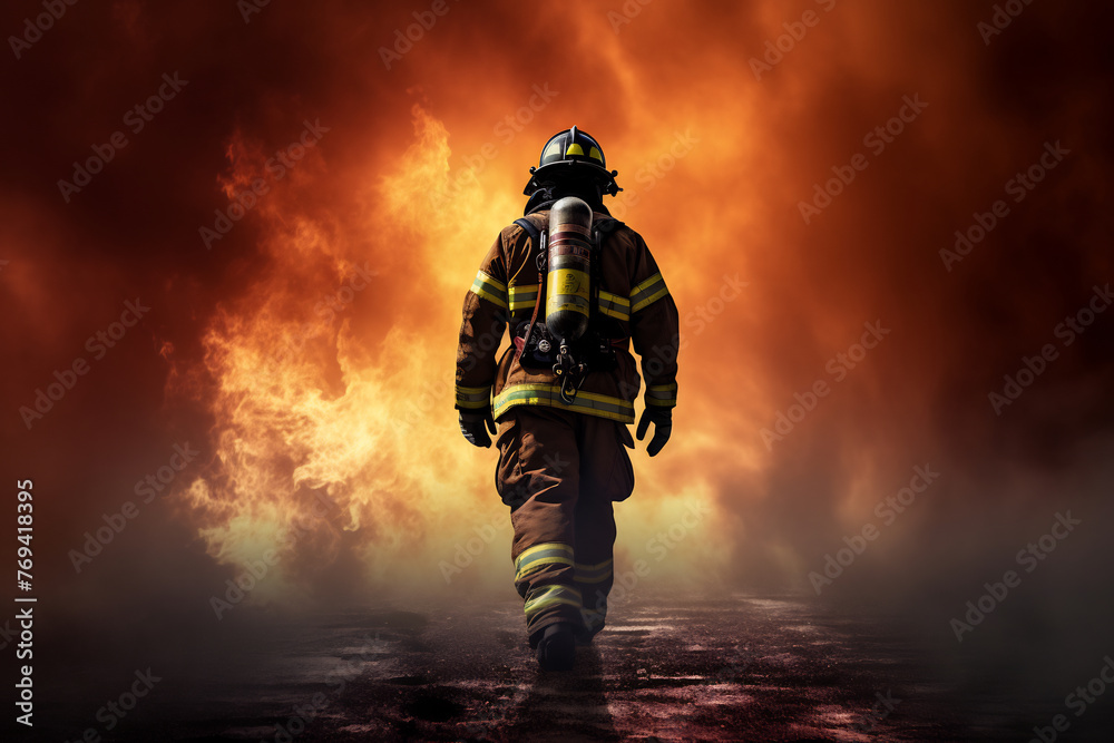 Brave Firefighter Walking Towards Inferno, Heroic Emergency Personnel in Action, Intense Flames Engulfing Background, Fire and Rescue Operation Brave Firefighter Walking Towards Inferno, Heroic Emergency Personnel in Action, Intense Flames Engulfing Background, Fire and Rescue Operation