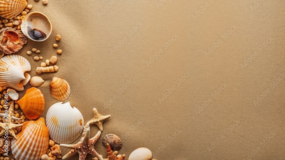 Obraz premium Seashell Decorations on a Beach Sand Background. Negative Space. Generative AI