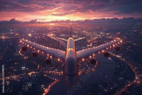 A fleet of cargo planes crossing a dusky sky, their holds filled with cardboard boxes for global delivery