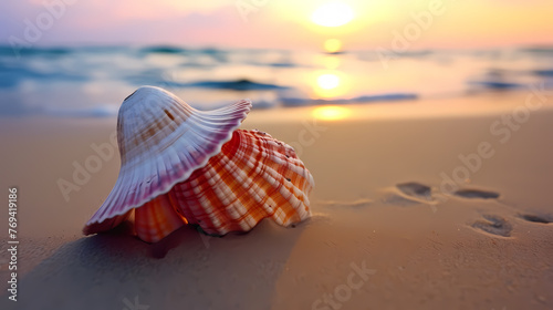 Conch shells on the seaside at sunrise