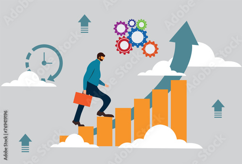 Concept of achieving goals, step by step process to achieve success, moving with motivation, career development. Flat vector illustration.