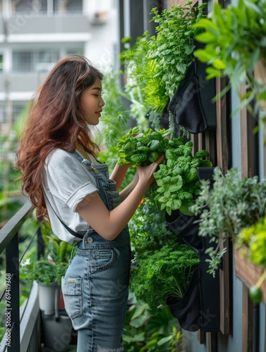 Vertical home garden of spicy herbs and fresh greenery on the balcony. A young woman takes care of plants on the balcony of a city apartment. Mini garden on the balcony.