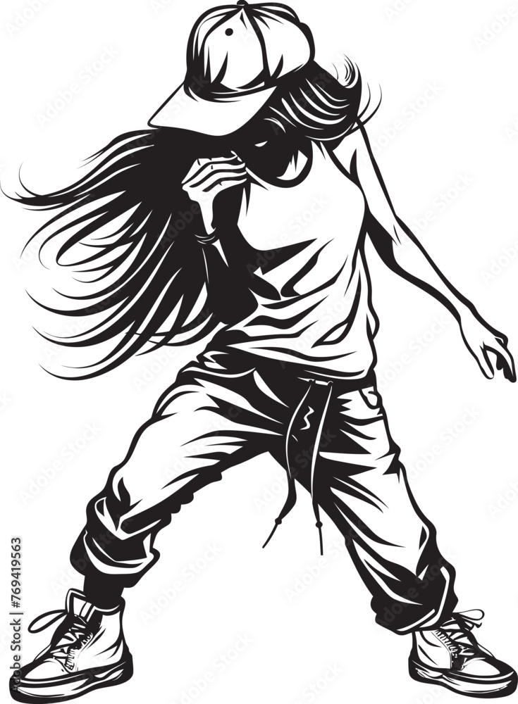 Fototapeta premium Trendsetting Female Street Performer Black Emblem Icon Vibrant Urban Dance Star Black Vector Design