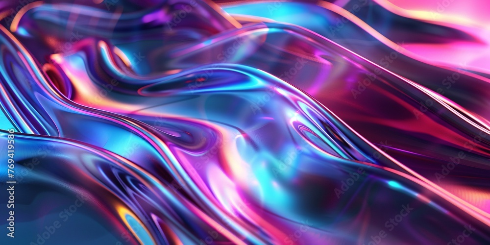 Vibrant and dynamic 3D render with a metallic curved wave and iridescent holographic effect, perfect for backgrounds, banners, wallpapers, posters, and covers.