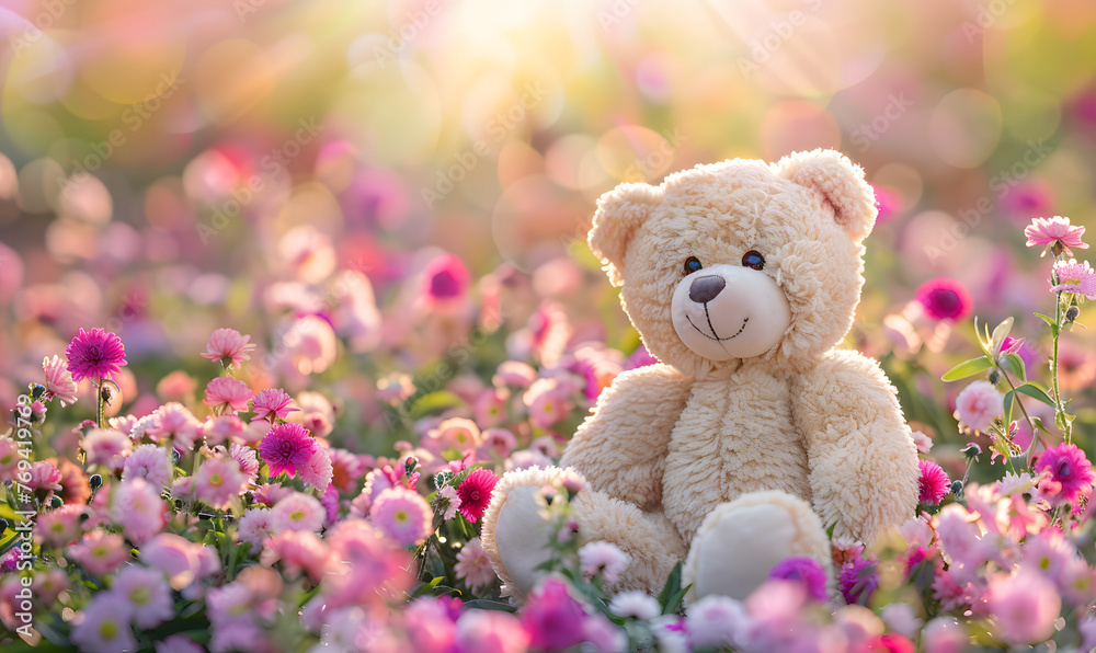 teddy bear background, stuffed toy bear in flower blossom garden teddy bear background, stuffed toy bear in flower blossom garden