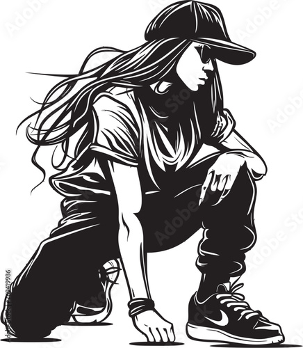 Spirited Young Street Dancer Black Emblem Fierce Female Hip Hop Artist Black Vector Icon