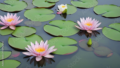 the surface of a calm pond with floating lily pads, colorful background