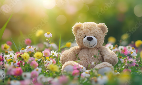 teddy bear background, stuffed toy bear in flower blossom garden  © simba kim