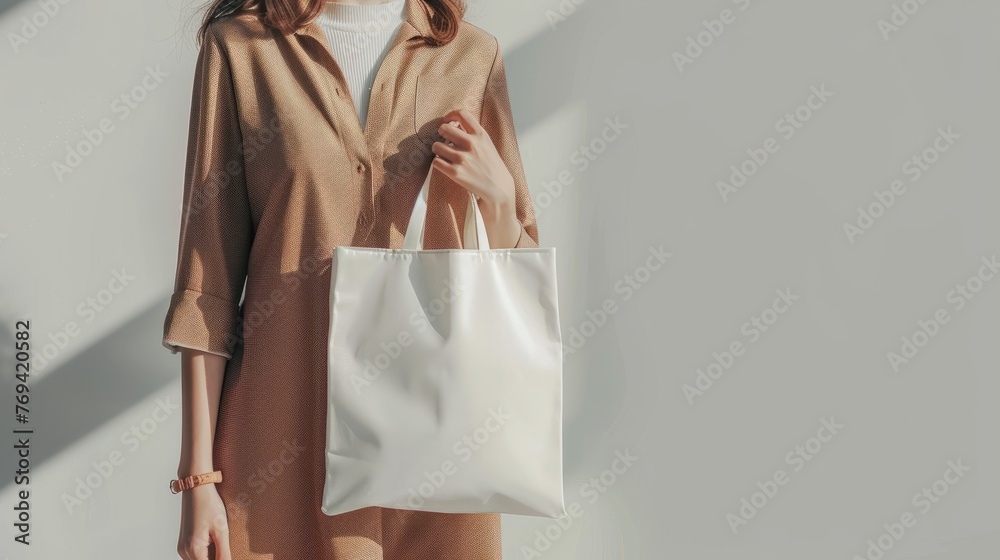 woman holding an empty white bag on a light background, for mockup blank template. woman holding an empty white bag on a light background, for mockup blank template.
