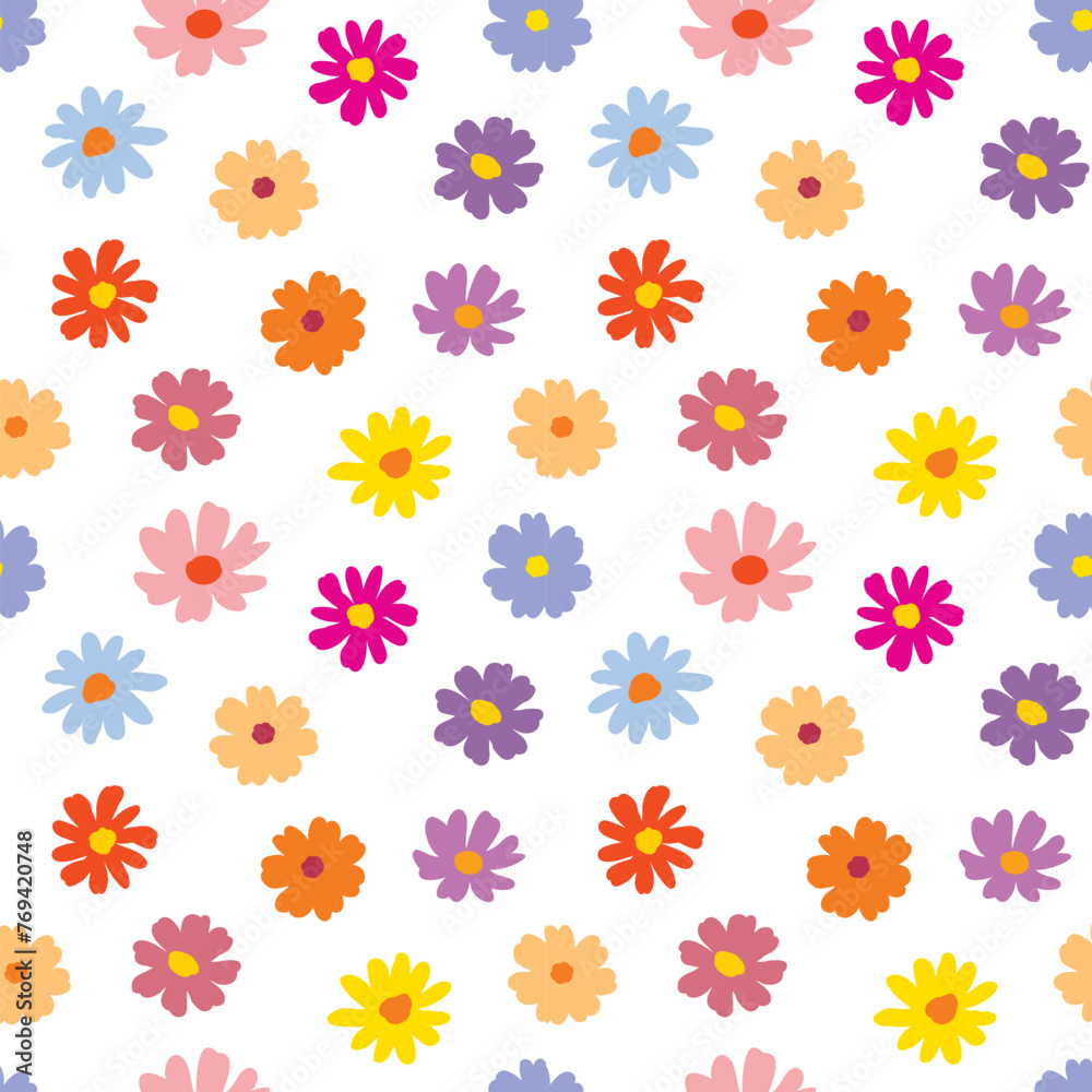Seamless Pattern of Colorful Flower Design on White Background