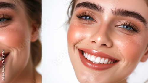 Young woman with dewy monochromatic makeup on white background