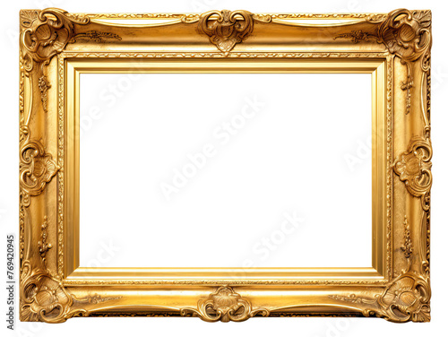 Golden wooden frame isolated on transparent background, Patterned and Vintage picture frame PNG format