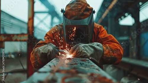 Man welding an industrial steel beam while wearing a face and eye shield photo