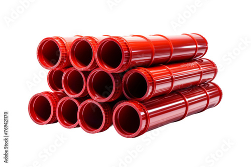 Crimson Cascade: A Towering Red Plastic Pipe Stack. On a White or Clear Surface PNG Transparent Background.