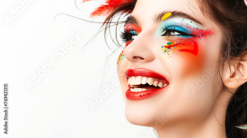 Young woman with airbursh makeup on white background