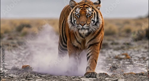 a tiger in a barren, cracked land footage photo