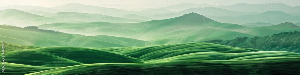 A painting featuring a green valley with mountains as the backdrop, creating a serene landscape, background, wallpaper, banner A painting featuring a green valley with mountains as the backdrop, creating a serene landscape, background, wallpaper, banner