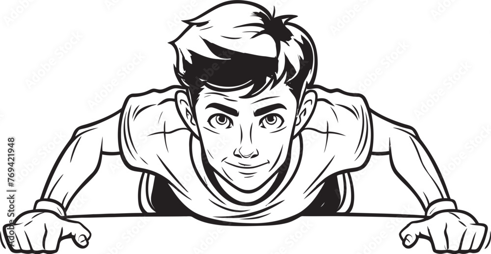 Fototapeta premium Fit Youth Demonstrating Push Up Exercise Black Icon Sporty Man Doing Push Ups Black Vector Emblem