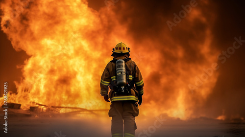 Brave Firefighter Walking Towards Inferno, Heroic Emergency Personnel in Action, Intense Flames Engulfing Background, Fire and Rescue Operation